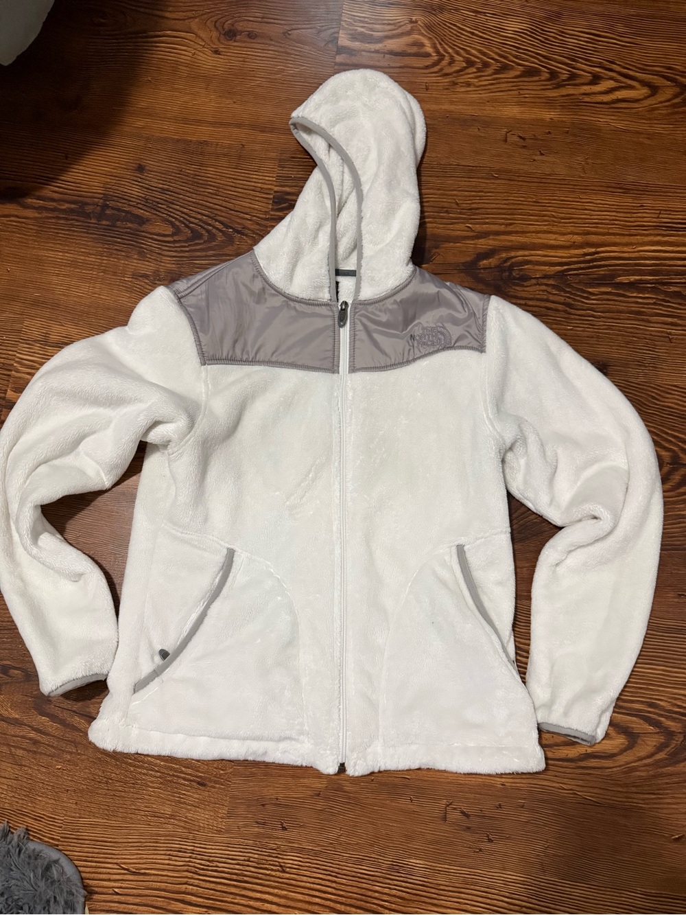 The North Face Women's White Hooded Teddy Jacket with Gray Yoke